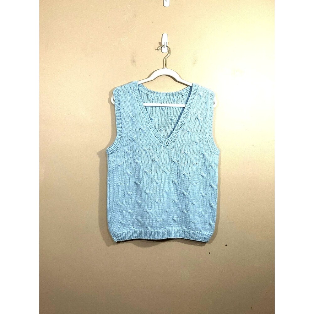 Vintage Womens Hand Knit V-Neck Sweater Vest M Blue Preppy Academia Minimalist